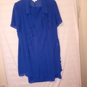 Studio I 20W Sleeveless Dress Long Sheer Jacket Embroidered Blue